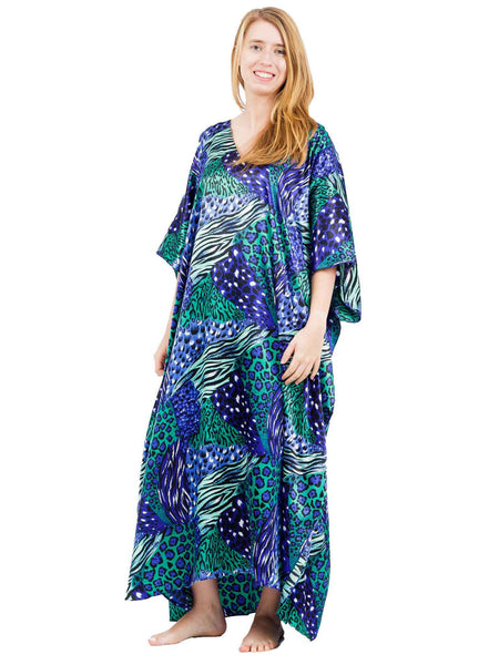 Women's Long Satin Caftan / Kaftan / Muumuu, Aquarius Cocktail Animal Print