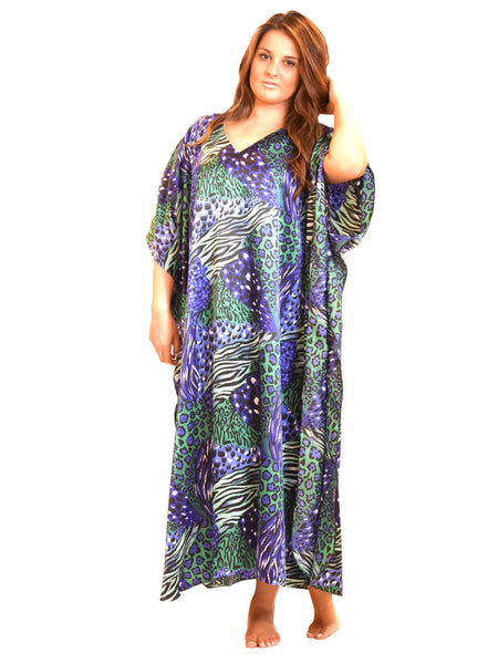 Women's Long Satin Caftan / Kaftan / Muumuu, Aquarius Cocktail Animal Print