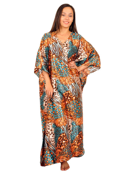 Women's Long Satin Caftan / Kaftan / Muumuu, Tropical Cocktail Animal Print