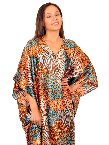 Women's Long Satin Caftan / Kaftan / Muumuu, Tropical Cocktail Animal Print