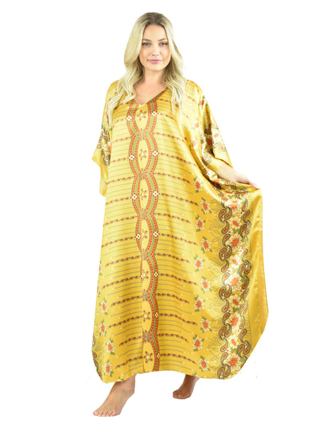 Women's Long Satin Caftan / Kaftan / Muumuu, Golden Delight Print