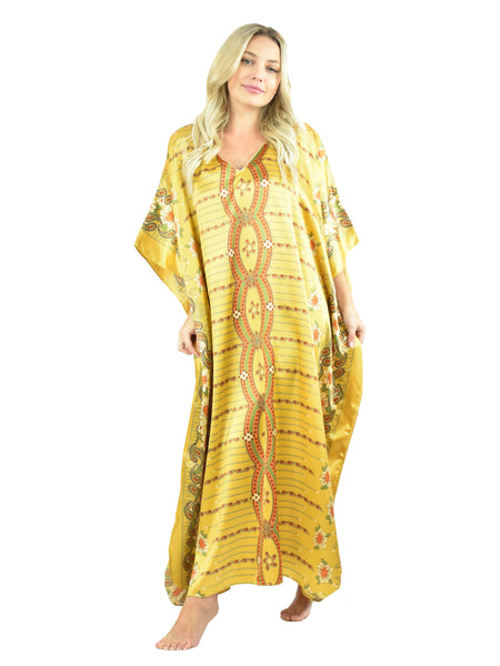 Women's Long Satin Caftan / Kaftan / Muumuu, Golden Delight Print