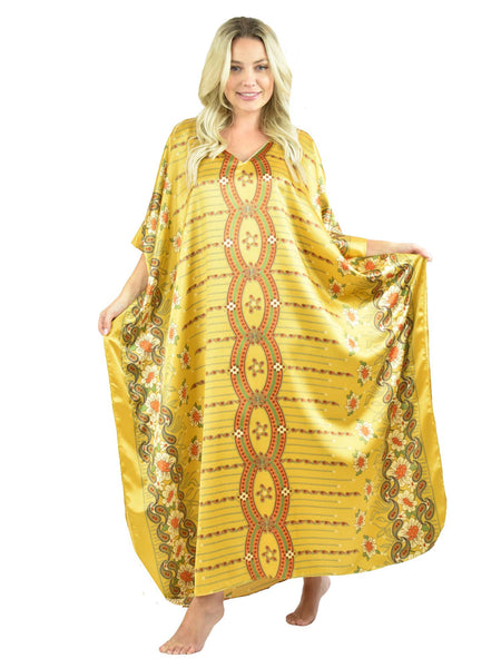 Women's Long Satin Caftan / Kaftan / Muumuu, Golden Delight Print
