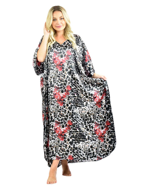 Women's Long Satin Caftan / Kaftan / Muumuu, Animal Tricolor Print in Black, White, and Red