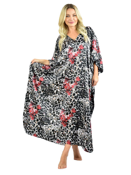 Women's Long Satin Caftan / Kaftan / Muumuu, Animal Tricolor Print in Black, White, and Red