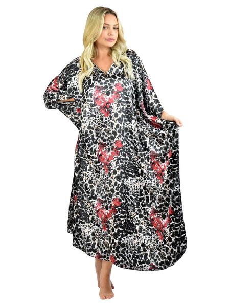 Women's Long Satin Caftan / Kaftan / Muumuu, Animal Tricolor Print in Black, White, and Red