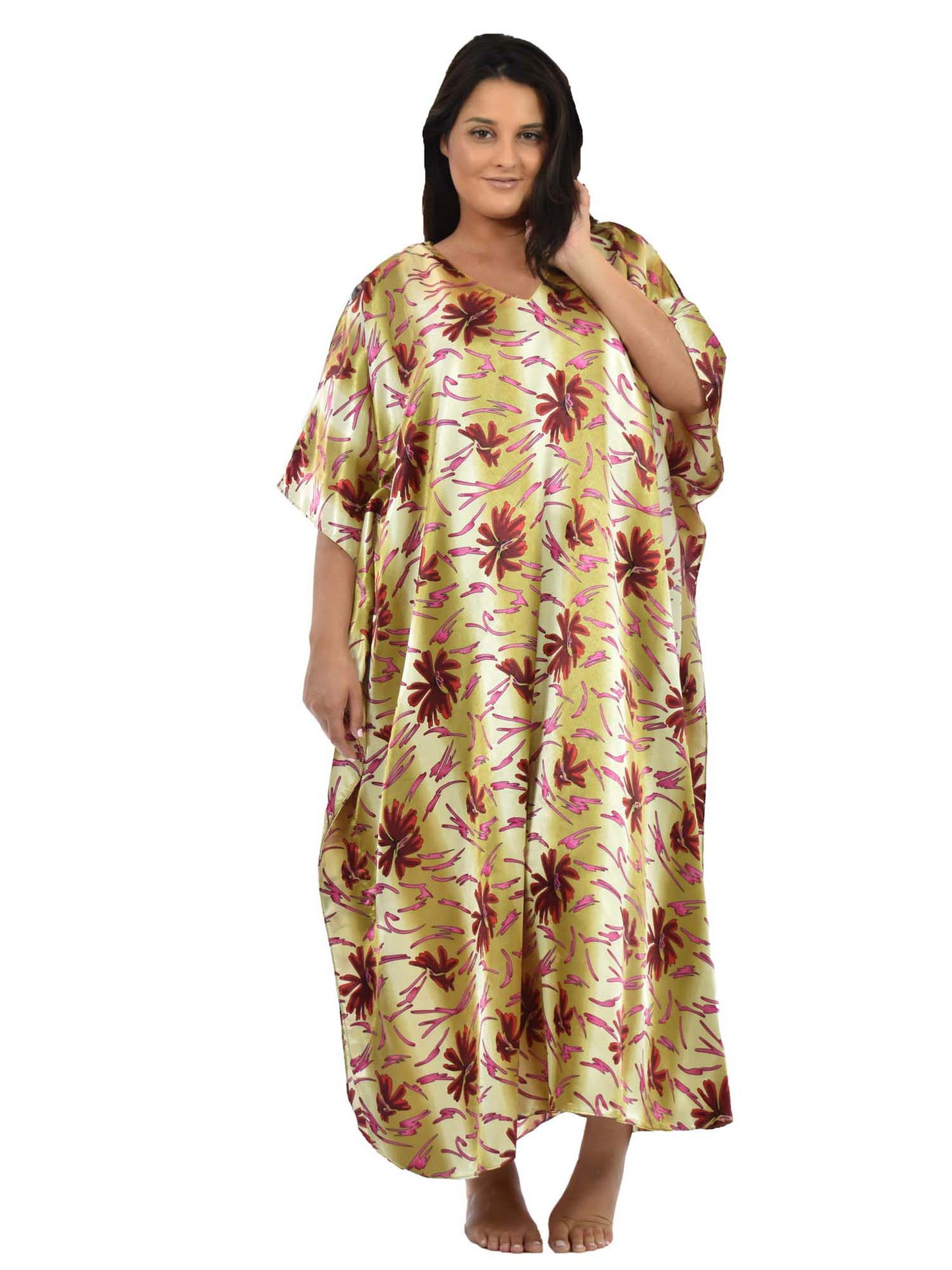 Women's Long Satin Caftan / Kaftan / Muumuu, Coral Lilies Print