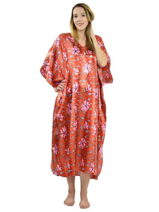Women's Long Satin Caftan / Kaftan / Muumuu, Red Underwater Lilies Print