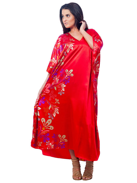 Women's Long Satin Caftan / Kaftan / Muumuu, Charming Red Floral Vines Print