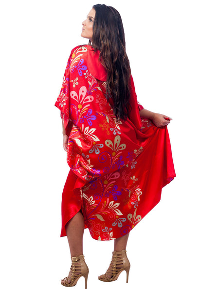 Women's Long Satin Caftan / Kaftan / Muumuu, Charming Red Floral Vines Print