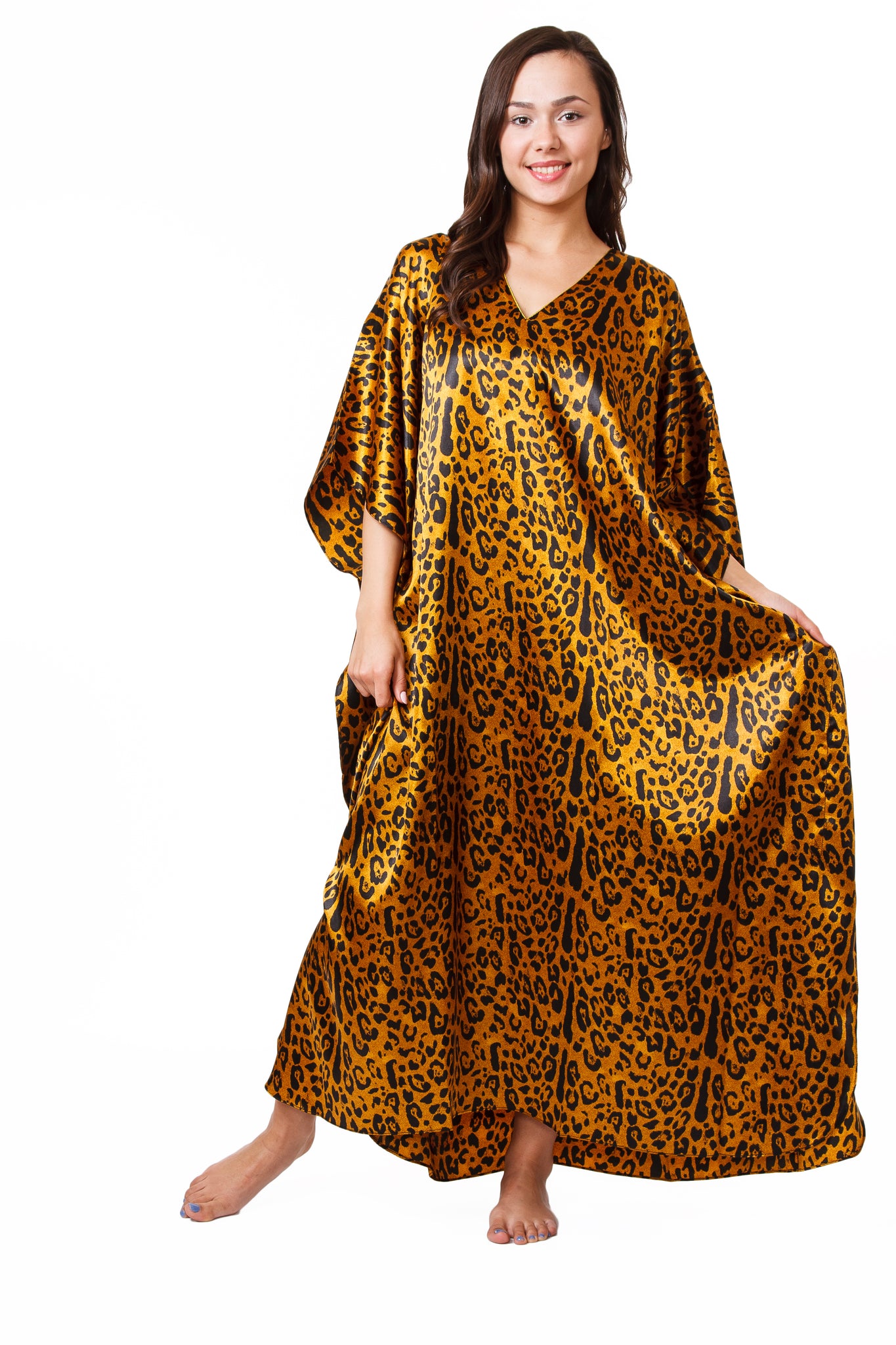 Satin Caftan for Women in Cheetah Print, One Size Kaftan/Mumu, Caf-64