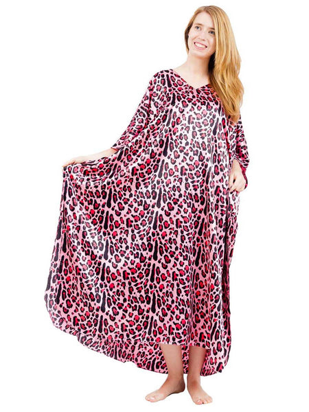 Women's Long Satin Caftan / Kaftan / Muumuu, Tiger Animal Print in Pink