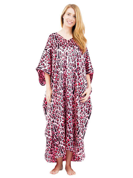 Women's Long Satin Caftan / Kaftan / Muumuu, Tiger Animal Print in Pink