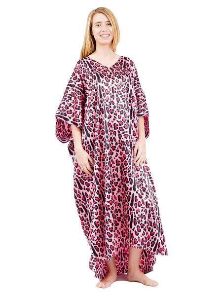 Women's Long Satin Caftan / Kaftan / Muumuu, Tiger Animal Print in Pink