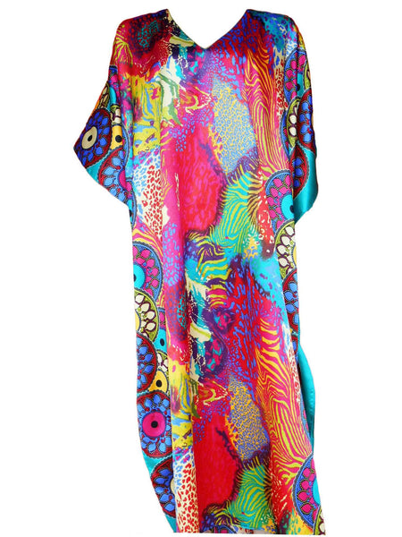 Women's Long Satin Caftan / Kaftan / Muumuu, Turquoise Safari Print