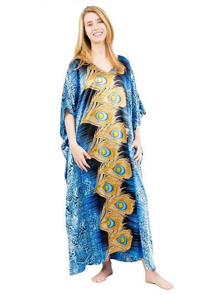 Women's Long Satin Caftan / Kaftan / Muumuu, Peacock Sapphire Print