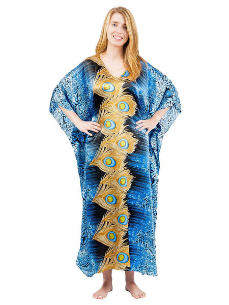 Women's Long Satin Caftan / Kaftan / Muumuu, Peacock Sapphire Print