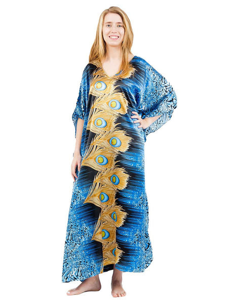 Women's Long Satin Caftan / Kaftan / Muumuu, Peacock Sapphire Print