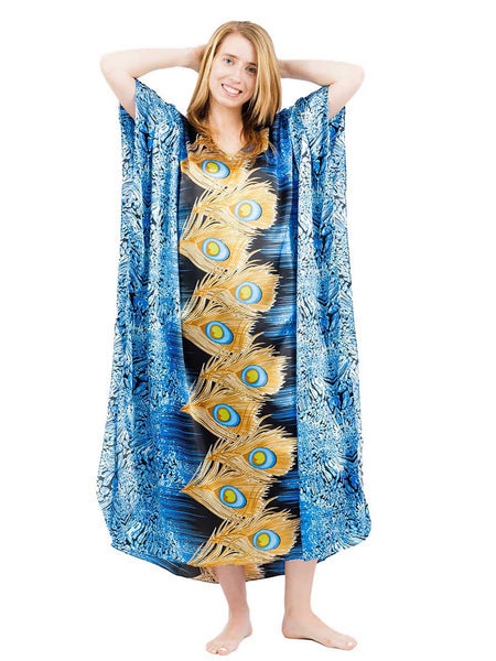 Women's Long Satin Caftan / Kaftan / Muumuu, Peacock Sapphire Print