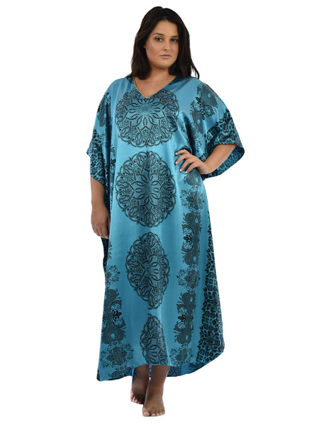 Women's Long Satin Caftan / Kaftan / Muumuu, Blue Mandala Print