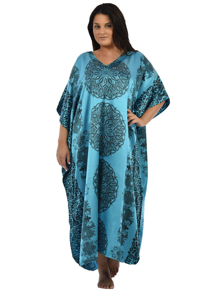 Women's Long Satin Caftan / Kaftan / Muumuu, Blue Mandala Print