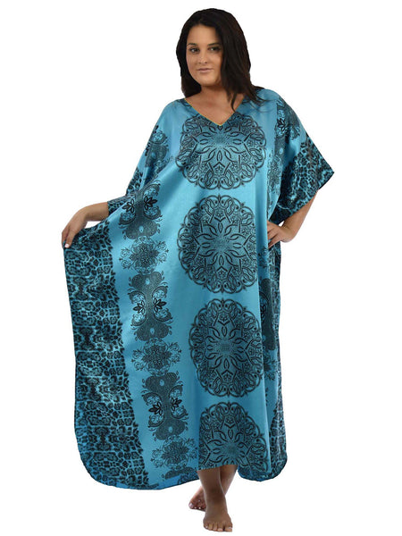 Women's Long Satin Caftan / Kaftan / Muumuu, Blue Mandala Print