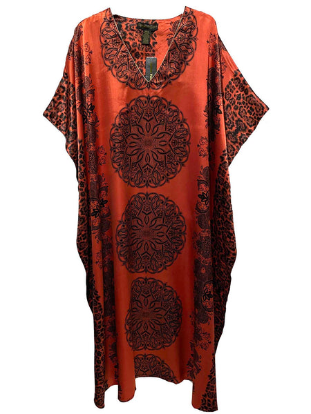 Women's Long Satin Caftan / Kaftan / Muumuu, Red Mandala Print