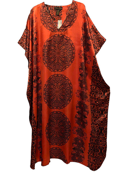 Women's Long Satin Caftan / Kaftan / Muumuu, Red Mandala Print