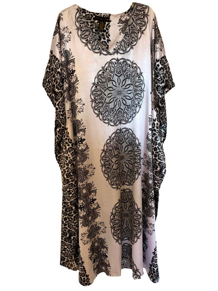 Women's Long Satin Caftan / Kaftan / Muumuu, Silver Mandala Print
