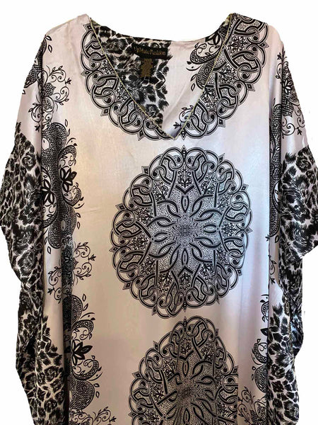 Women's Long Satin Caftan / Kaftan / Muumuu, Silver Mandala Print