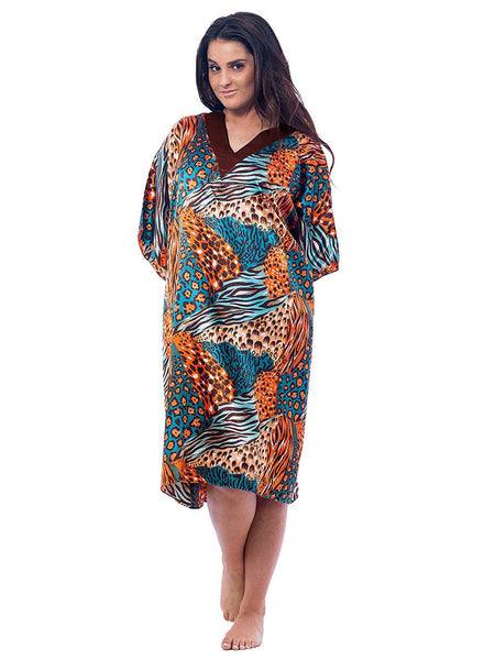 Women's Short Satin Caftan / Kaftan / Muumuu, Tropical Cocktail Animal Print