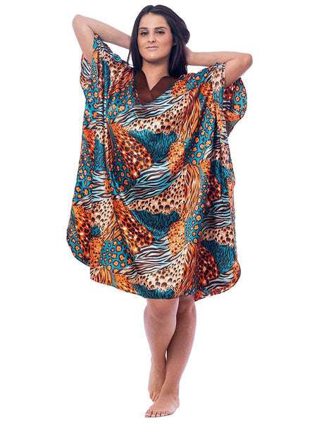 Women's Short Satin Caftan / Kaftan / Muumuu, Tropical Cocktail Animal Print