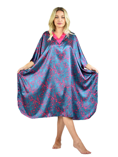 Women's Short Satin Caftan / Kaftan / Muumuu, Electric Seagrass Print