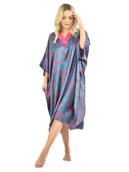 Women's Short Satin Caftan / Kaftan / Muumuu, Electric Seagrass Print