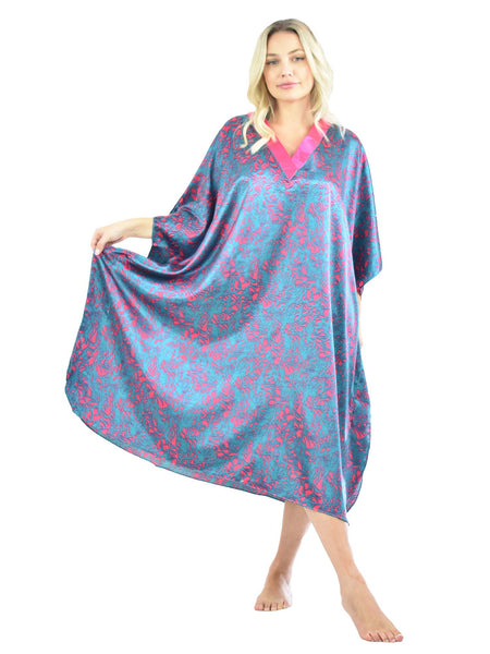 Women's Short Satin Caftan / Kaftan / Muumuu, Electric Seagrass Print