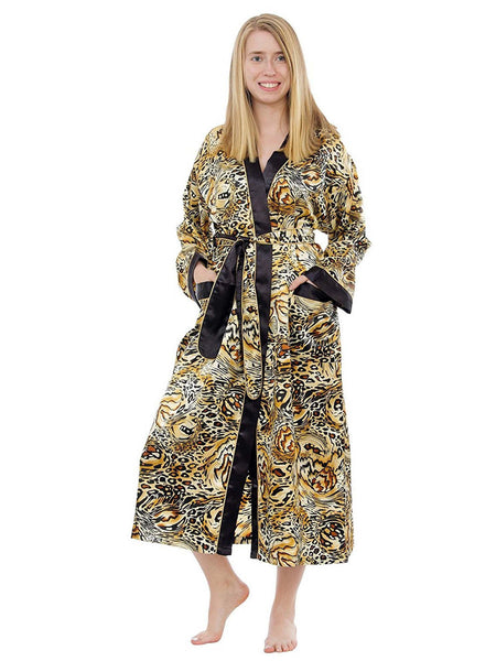 Women's Long Robe, Satin, Beige Animal Print with Pockets