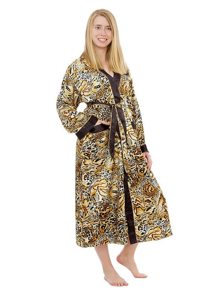 Women's Long Robe, Satin, Beige Animal Print with Pockets