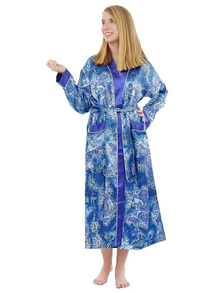 Women's Long Robe, Satin, Blue Animal Print with Pockets