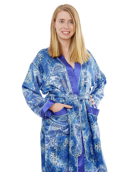 Women's Long Robe, Satin, Blue Animal Print with Pockets