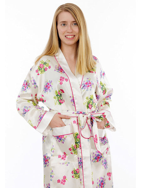 Women's Long Robe, Satin, Ivory Floral Print with Pockets