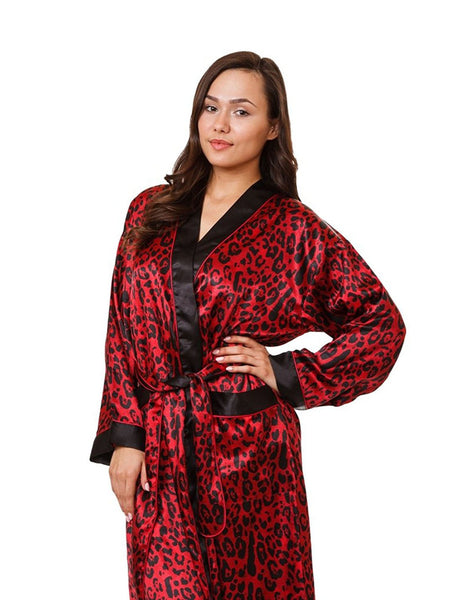 Women's Long Robe, Satin, Red Tiger Print with Pockets