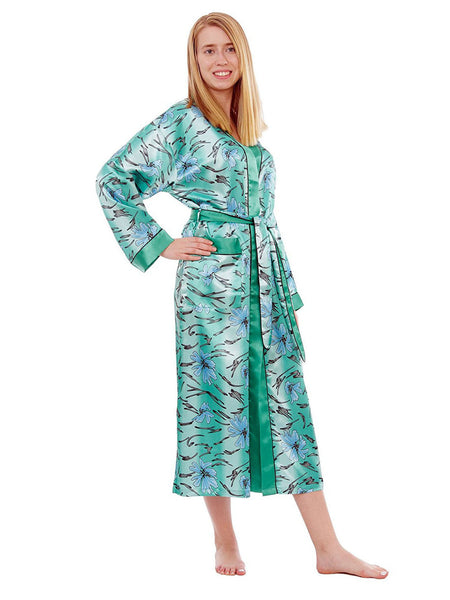 Women's Long Robe, Satin, Underwater Lilies Print with Pockets