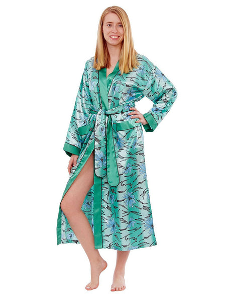 Women's Long Robe, Satin, Underwater Lilies Print with Pockets