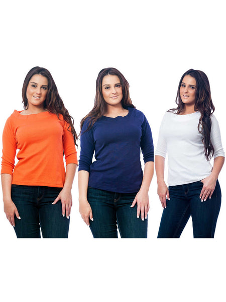 Women's Knit Boat Neck Top, 3-Piece Combo in Coral, Navy Blue, and White