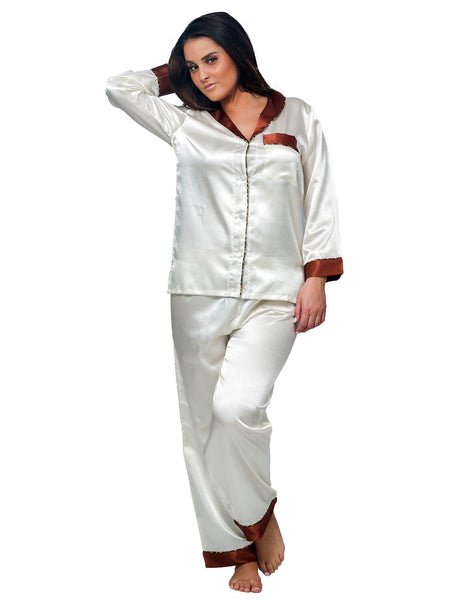 Women's Pajama Set / Pajamas / Pyjamas / PJs, Satin, Shawl Collar with Piping
