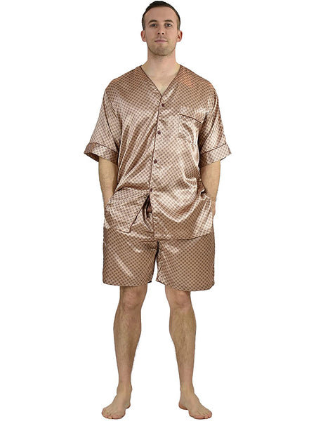 Men's Pajama Set / Pajamas / Pyjamas / PJs, Satin, Tie Print, Short-Sleeve V-Neck with Shorts