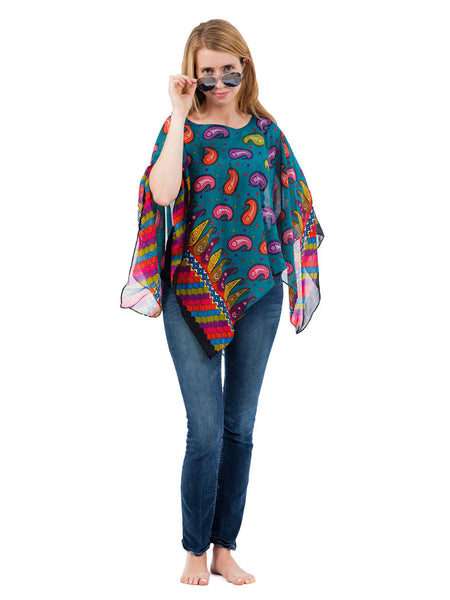 Women's Poncho, Turquoise Paisley Print