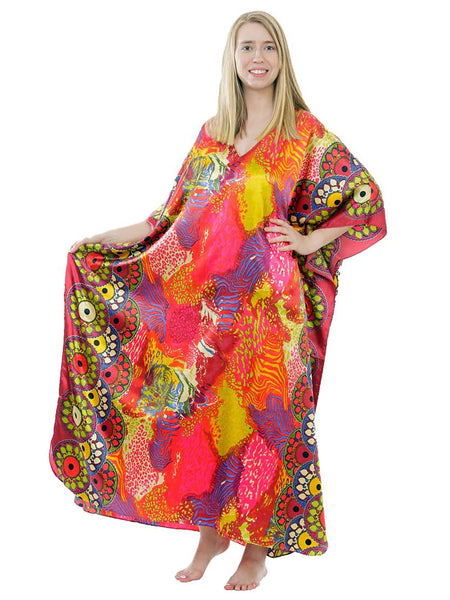 Women's Long Satin Caftan / Kaftan / Muumuu, Sunset Safari Print