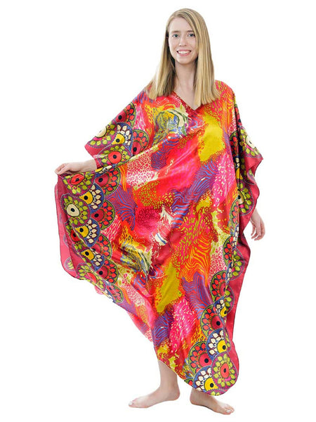 Women's Long Satin Caftan / Kaftan / Muumuu, Sunset Safari Print