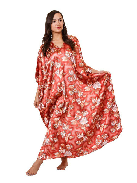 Women's Long Satin Caftan / Kaftan / Muumuu, Salmon-Colored Blossoming Cluster Floral Print